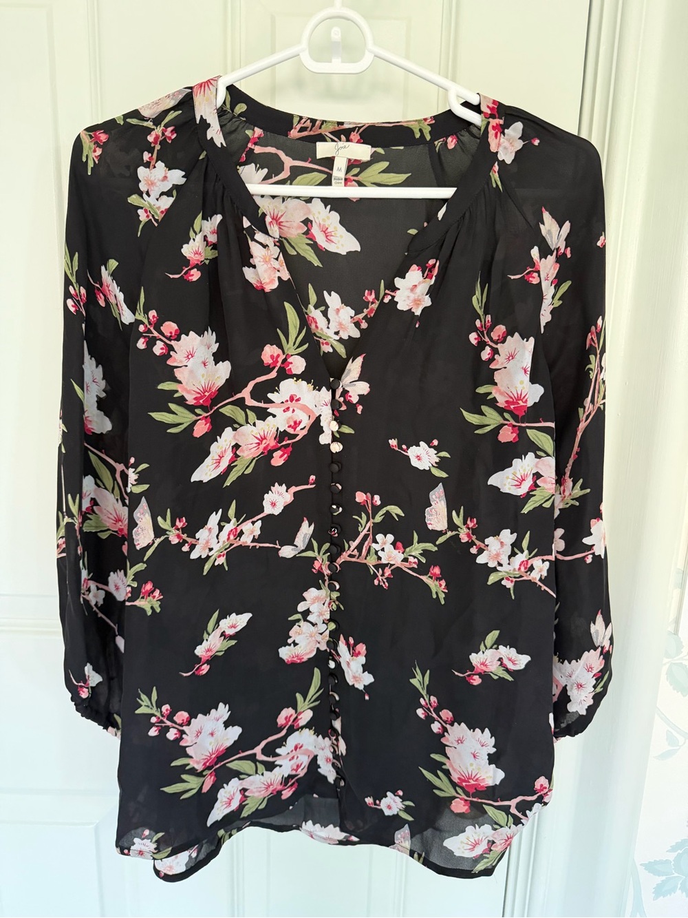 Joie Black Floral Silk V-Neck Button Blouse